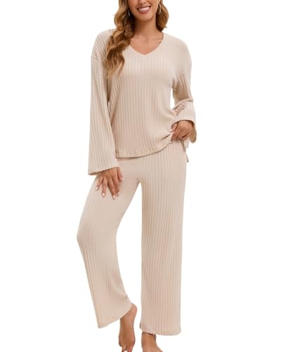 LEYSHE Zweiteiler Langarm Hausanzug Damen Elegantes Lounge Set V-Ausschnitt Freizeitanzug Gerippt Outfit Strickset Damen Tracksuit Schlafanzug Winter,Beige,2XL von LEYSHE