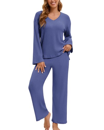 LEYSHE Zweiteiler Langarm Hausanzug Damen Elegantes Lounge Set V-Ausschnitt Freizeitanzug Gerippt Outfit Strickset Damen Tracksuit Schlafanzug Winter,Dunkelblau,L von LEYSHE
