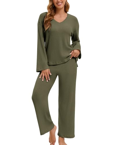 LEYSHE Zweiteiler Langarm Hausanzug Damen Elegantes Lounge Set V-Ausschnitt Freizeitanzug Gerippt Outfit Strickset Damen Tracksuit Schlafanzug Winter,Dunkelgrün,M von LEYSHE