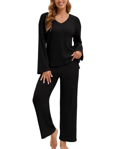 LEYSHE Zweiteiler Langarm Hausanzug Damen Elegantes Lounge Set V-Ausschnitt Freizeitanzug Gerippt Outfit Strickset Damen Tracksuit Schlafanzug Winter,Schwarz,M von LEYSHE