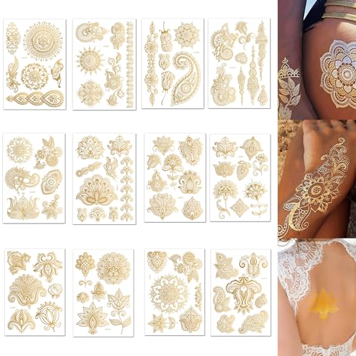 LEZED Temporäre Tattoos, 12 Blatt Gold Metallic Tattoo Mandala Festival Tattoos Wasserfest Flash Glitzer Tattoos Erwachsene Halloween Tattoos Temporary Tattoo Damen für Körper,Gesicht,Arme und Beine von LEZED