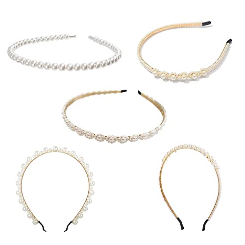 Perlen Haarreif 5 Stück Haarbänder Damen Perlen Kopfschmuck Haarbänder Elegant Weiße Kunstperle Stirnband Braut Tiara Haarbänder Modische Haarreife Rutschfeste Perlen Haarband für Hochzeit Geburtstag von LEZED