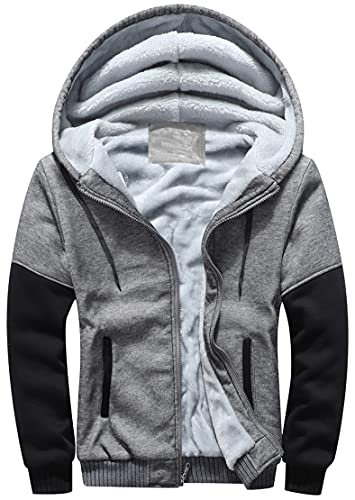 Herren Kapuzenjacke mit Fleecefutter Hoodies mit Reißverschluss Verdickte Langarm Kapuzenpullover Patchwork Sweatjacke Winter Warm Hooded Sweatshirt mit Tasche und Kordelzug(Dunkelgrau Schwarz,M) von LEZUAN