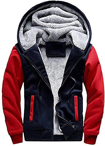 Herren Kapuzenjacke mit Fleecefutter Hoodies mit Reißverschluss Verdickte Langarm Kapuzenpullover Patchwork Sweatjacke Winter Warm Hooded Sweatshirt mit Tasche und Kordelzug(Rot Blau,5XL) von LEZUAN