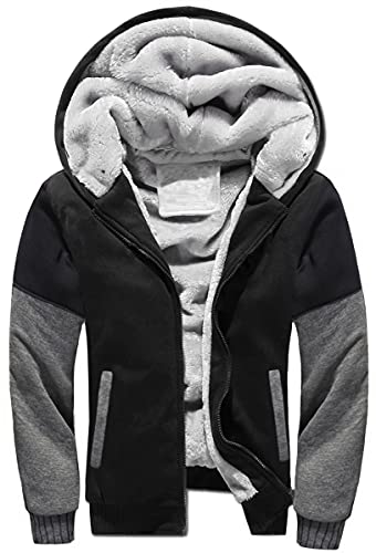 Herren Kapuzenjacke mit Fleecefutter Hoodies mit Reißverschluss Verdickte Langarm Kapuzenpullover Patchwork Sweatjacke Winter Warm Hooded Sweatshirt mit Tasche und Kordelzug(Schwarz Dunkelgrau,L) von LEZUAN