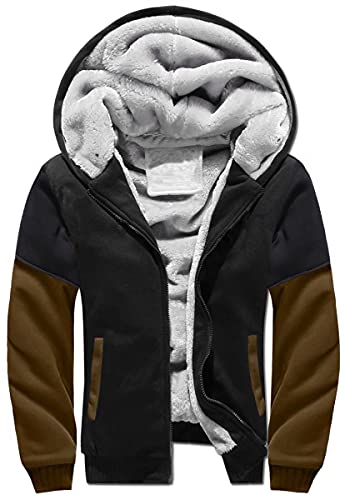 Herren Kapuzenjacke mit Fleecefutter Hoodies mit Reißverschluss Verdickte Langarm Kapuzenpullover Patchwork Sweatjacke Winter Warm Hooded Sweatshirt mit Tasche und Kordelzug(Schwarz Kaffee,5XL) von LEZUAN