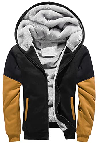 Herren Kapuzenjacke mit Fleecefutter Hoodies mit Reißverschluss Verdickte Langarm Kapuzenpullover Patchwork Sweatjacke Winter Warm Hooded Sweatshirt mit Tasche und Kordelzug(Schwarz Khaki,4XL) von LEZUAN