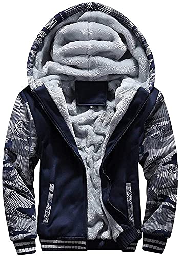 Herren Kapuzenjacke mit Fleecefutter Hoodies mit Reißverschluss Verdickte Langarm Kapuzenpullover Patchwork Sweatjacke Winter Warm Hooded Sweatshirt mit Tasche und Kordelzug(Tarnung Blau,3XL) von LEZUAN