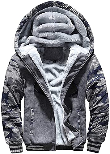 Herren Kapuzenjacke mit Fleecefutter Hoodies mit Reißverschluss Verdickte Langarm Kapuzenpullover Patchwork Sweatjacke Winter Warm Hooded Sweatshirt mit Tasche und Kordelzug(Tarnung Grau,L) von LEZUAN