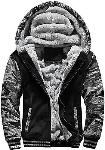 Herren Kapuzenjacke mit Fleecefutter Hoodies mit Reißverschluss Verdickte Langarm Kapuzenpullover Patchwork Sweatjacke Winter Warm Hooded Sweatshirt mit Tasche und Kordelzug(Tarnung Schwarz,S) von LEZUAN