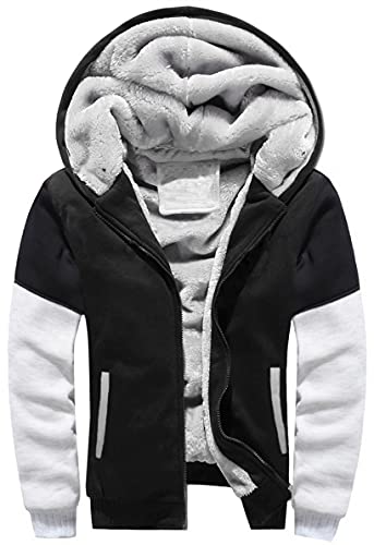 Herren Kapuzenjacke mit Fleecefutter Hoodies mit Reißverschluss Verdickte Langarm Kapuzenpullover Sweatjacke Winter Warm Hooded Sweatshirt mit Tasche und Kordelzug(Schwarz Weiß,XXL) von LEZUAN