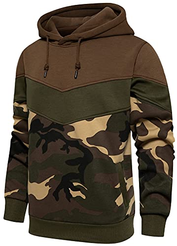 Herren Pullover mit Kapuze Langarm Kapuzenpullover Camouflage Hoodie Patchwork Hooded Sweatshirt mit Kordelzug und Seitentaschen, Fleece-Innenseite(Patchwork Kaffee,M) von LEZUAN