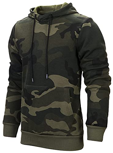 Herren Pullover mit Kapuze Langarm Kapuzenpullover Camouflage Hoodie Patchwork Hooded Sweatshirt mit Kordelzug und Seitentaschen, Fleece-Innenseite(Tarnung Grün,M) von LEZUAN