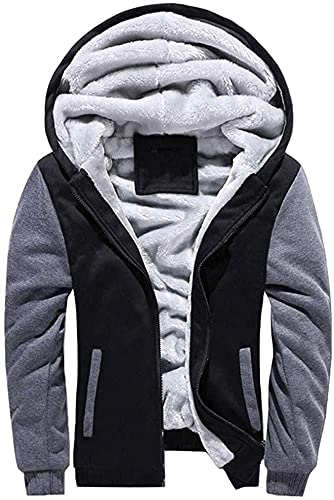 Herren Kapuzenjacke mit Fleecefutter Hoodies mit Reißverschluss Verdickte Langarm Kapuzenpullover Patchwork Sweatjacke Winter Warm Hooded Sweatshirt mit Tasche und Kordelzug(Schwarz Grau,XL) von LEZUAN