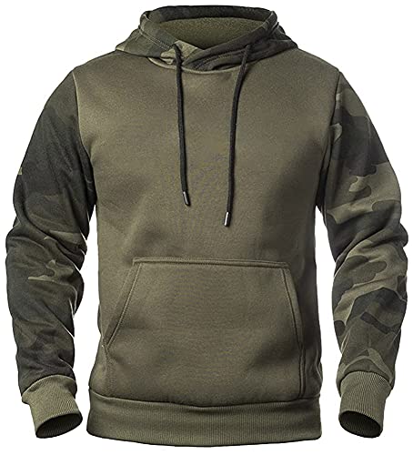 Herren Pullover mit Kapuze Langarm Kapuzenpullover Camouflage Hoodie Patchwork Hooded Sweatshirt mit Kordelzug und Seitentaschen, Fleece-Innenseite(Grün&Tarnung,L) von LEZUAN