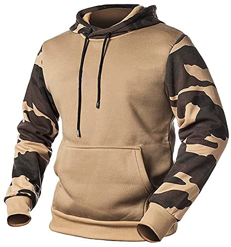 Herren Pullover mit Kapuze Langarm Kapuzenpullover Camouflage Hoodie Patchwork Hooded Sweatshirt mit Kordelzug und Seitentaschen, Fleece-Innenseite(Khaki&Tarnung,L) von LEZUAN