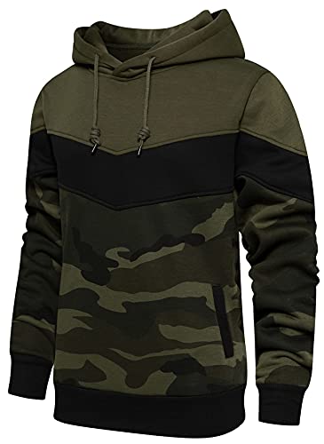 Herren Pullover mit Kapuze Langarm Kapuzenpullover Camouflage Hoodie Patchwork Hooded Sweatshirt mit Kordelzug und Seitentaschen, Fleece-Innenseite(Patchwork Grün,L) von LEZUAN