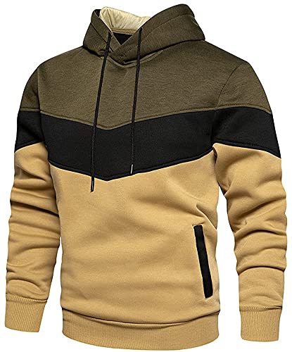 Herren Pullover mit Kapuze Langarm Kapuzenpullover Camouflage Hoodie Patchwork Hooded Sweatshirt mit Kordelzug und Seitentaschen, Fleece-Innenseite(Patchwork Khaki,M) von LEZUAN