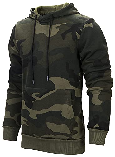 LEZUAN Herren Pullover mit Kapuze Langarm Kapuzenpullover Camouflage Hoodie Patchwork Hooded Sweatshirt mit Kordelzug und Seitentaschen, Fleece-Innenseite(Tarnung Grün,L) von LEZUAN