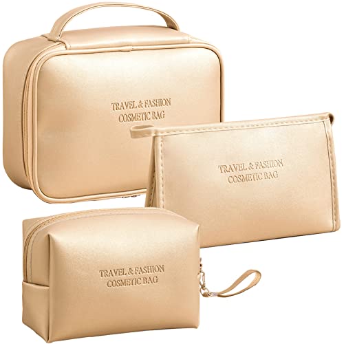 LEcylankEr 3 Pcs Kosmetiktasche Damen Tragbare Reise Make up Tasche PU Wasserdicht Schminktasche Damen Kulturbeutel (Gold) von LEcylankEr
