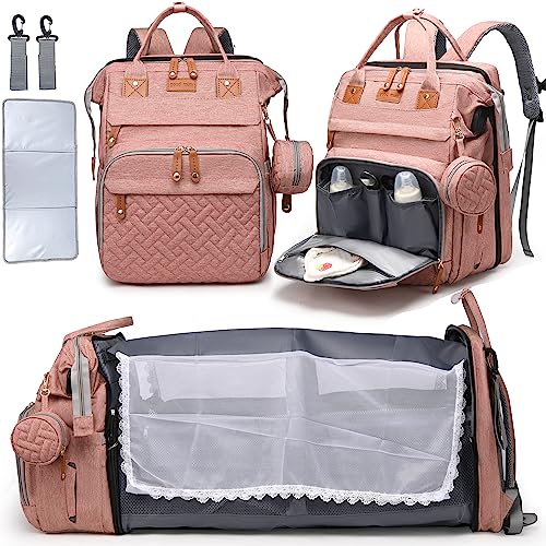 LEcylankEr Baby Wickelrucksack mit Wickelauflage, Reise Wickeltasche mit Abnehmbares Klappbett, Multifunktional Wasserdichter mit USB-Ladeanschluss für Eltern (Rosa) von LEcylankEr