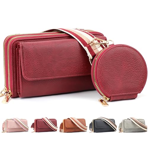 LEcylankEr Handytasche zum Umhängen Damen Große Kapazität Handytasche mit Geldbörse zum Umhängen aus PU Leder Umhängetasche Damen mit Abnehmbarem Breitem Schulterriemen und Münzfach (Burgunderrot) von LEcylankEr