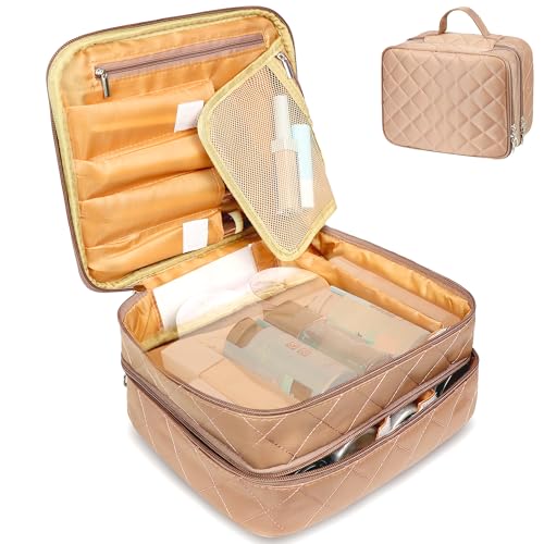 LEcylankEr Kosmetiktasche Damen, Schminktasche Groß Reise mit Fächern, Portable Doppelschicht Make Up Organizer Tasche mit Pinsel-Fach, Wasserdicht Kosmetikkoffer Damen mit Große Kapazität (Braun) von LEcylankEr