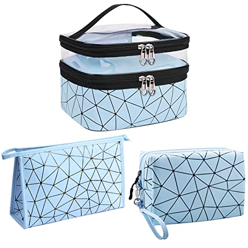 LEcylankEr Kosmetiktasche Damen Set 3 Stück Make Up Tasche Transparent Schminktasche Damen Doppellagige Kosmetiktasche Groß für Reise (Blau) von LEcylankEr