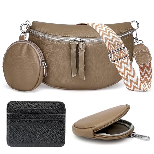 LEcylankEr Umhängetasche Damen aus Echtes Leder Kleine Handtasche Crossbody Bag für Damen Breiter Gurt Bauchtasche Leder Handtasche mit Kartenhalter & Münzbeutel (A-khaki) von LEcylankEr