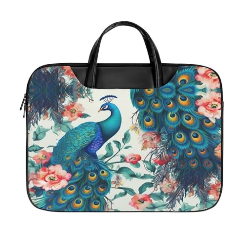 LFDSYEOQ Laptop-Aktentasche aus Leder, Motiv: A Puff In Time Weed Marihuana, 40,6 cm (16 Zoll), Kuriertasche, Computertasche für Büro, Arbeit, Reisen, Schöne Pfauenblumen, 42x32cm von LFDSYEOQ