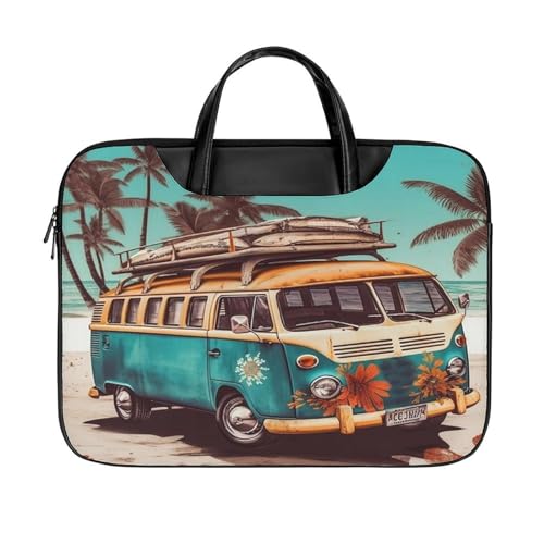 LFDSYEOQ Laptop-Aktentasche aus Leder, coole schwarze Lippenstift-Lippen, 40,6 cm, Messenger-Handtasche, Computer-Tasche für Büro, Arbeit, Reisen, Old Bus mit Surfbrett, 42x32cm von LFDSYEOQ