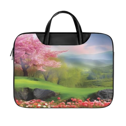 LFDSYEOQ Laptop-Aktentasche aus Leder, violett, Blume, Schmetterling, 40,6 cm, Kuriertasche, Computertasche für Büro, Arbeit, Reisen, Frühlingslandschaft, 42x32cm von LFDSYEOQ