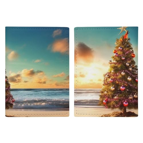 LFDSYEOQ Reisepasshülle aus Leder, Motiv: Weihnachtsbaum am Strand, Reisepasshülle, Reisedokumente, Organizer, Schutz mit Kreditkartenfächern für Damen/Herren, Weihnachtsbaum am Strand, 20.3x13.8cm von LFDSYEOQ