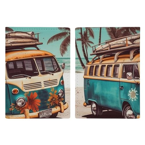 LFDSYEOQ Reisepasshülle aus Leder, alter Bus mit Surfbrett, Reisedokumente, Organizer, Schutz mit Kreditkartenfächern für Damen/Herren, Old Bus mit Surfbrett, 20.3x13.8cm von LFDSYEOQ