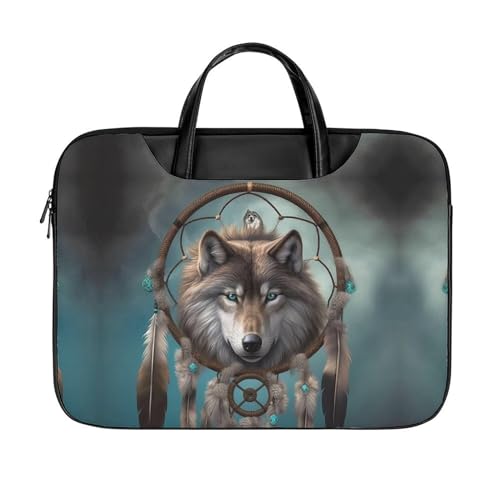 Laptop-Aktentasche aus Leder mit Stechpalmenbeeren-Zweigen, 40,6 cm (16 Zoll), Kuriertasche, Computertasche für Büro, Arbeit, Reisen, 3D-Wolf-Traumfänger, 42x32cm von LFDSYEOQ