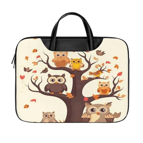 Laptop-Aktentasche aus Leder mit Stechpalmenbeeren-Zweigen, 40,6 cm (16 Zoll), Kuriertasche, Computertasche für Büro, Arbeit, Reisen, Cartoon-Familie Eulen auf dem braunen Baum, 42x32cm von LFDSYEOQ