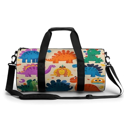 Sporttasche für Damen und Herren, schöne zylindrische Reisetasche mit verstellbaren Trägern für Reisen, Sport, Workout, Viele bunte Cartoon-Dinosaurier, 45x23x23CM, Reisetasche von LFDSYEOQ