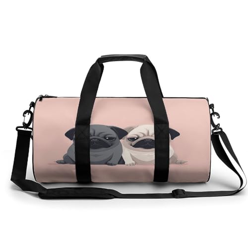Sporttasche für Damen und Herren, zwei Giraffen, zylindrische Reisetasche mit verstellbaren Trägern für Reisen, Sport, Workout, Zwei Mops, 45x23x23CM, Reisetasche von LFDSYEOQ