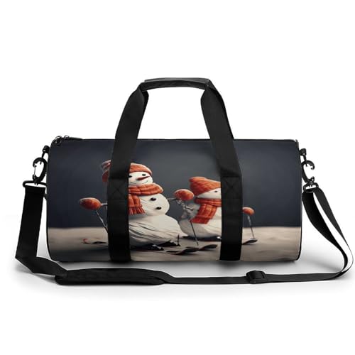 Sporttasche für Damen und Herren, zwei Haie in der zylindrischen Reisetasche mit verstellbaren Trägern für Reisen, Sport, Workout, Zwei Schneemänner, die zusammen Skifahren, 45x23x23CM, Reisetasche von LFDSYEOQ