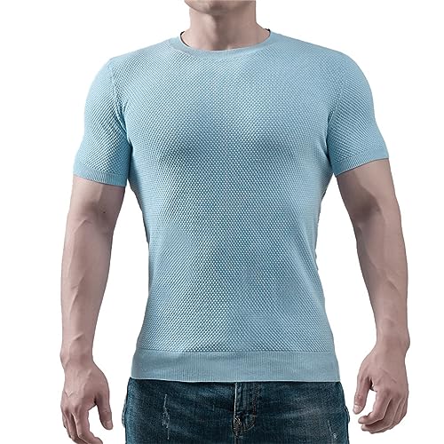 Strick-T-Shirt Herren Slim Fit Rundhals Atmungsaktiv Funktionsshirt Herren Sommer Sport T-Shirt Herren Schweiß Absorbieren Fitness Kurzarm Herren A-Light Blue L von LFEOOST