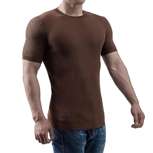 Strick-T-Shirt Herren Slim Fit Rundhals Atmungsaktiv Funktionsshirt Herren Sommer Sport T-Shirt Herren Schweiß Absorbieren Fitness Kurzarm Herren B-Coffee L von LFEOOST