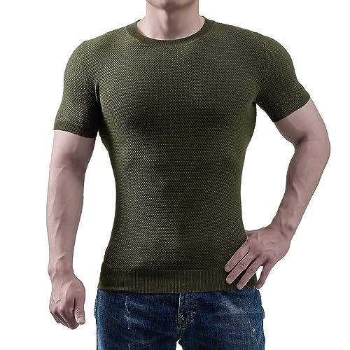 Strick-T-Shirt Herren Slim Fit Rundhals Atmungsaktiv Funktionsshirt Herren Sommer Sport T-Shirt Herren Schweiß Absorbieren Fitness Kurzarm Herren D-Army Green L von LFEOOST