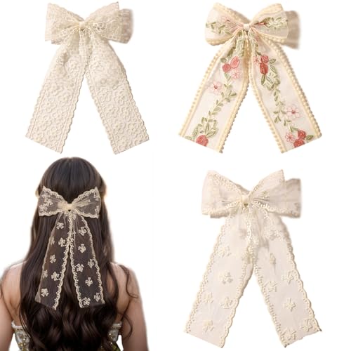 LFOUVRE Spitzen-Haarschleifen für Damen und Mädchen, Beige, Spitzenhaarband, bestickte Blumen-Haarspangen für Damen, Schleife, große Haarschleife mit langem Schwanz, Schleife, Haarspangen, Haarschmuck LFOUVRE Spitzen-Haarschleifen für Damen und Mädchen, Beige, Spitzenhaarband, bestickte Blumen-Haarspangen für Damen, Schleife, große Haarschleife mit langem Schwanz, Schleife, Haarspangen, Haarschmuck von LFOUVRE