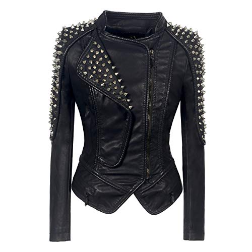 LFS Damen Klassische Reißverschluss Asymmetrisch Revers Nieten Lederjacke Punk Motorradjacke, schwarz, Medium von LFSS