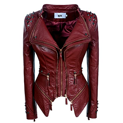 LFSS Damen Klassische Große Revers Schwalbenschwanz Niete Lederjacke Casual Persönlichkeit Mode Sexy Punk Motorradjacke, weinrot, Medium von LFSS