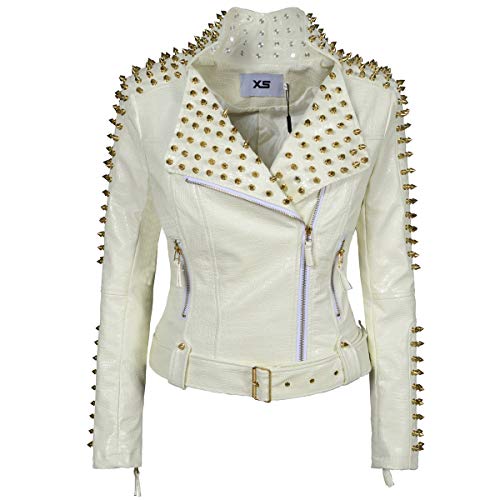 LFSS Damen Persönlichkeit Punk Rock Nieten Motorrad Lederjacke Nieten Perfekt Formend Kurz Motobiker Mäntel, Weiß, XX-Large von LFSS