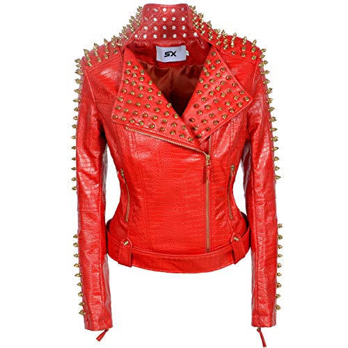 LFSS Damen Persönlichkeit Punk Rock Nieten Motorrad Lederjacke Nieten Perfekt Formend Kurze Motobiker Mäntel, Rot/Ausflug, einfarbig (Getaway Solids), XL von LFSS