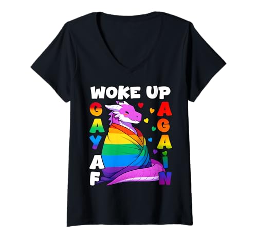 Damen Dragon LGBTQ Gay Pride Woke Up Gay Again Rainbow Damen Herren T-Shirt mit V-Ausschnitt Damen Dragon LGBTQ Gay Pride Woke Up Gay Again Rainbow Damen Herren T-Shirt mit V-Ausschnitt von LGBT Funny Dragon Rainbow Flag Gay Pride Men Women