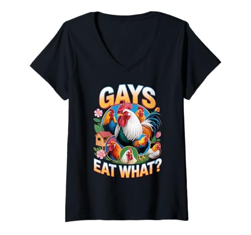 Damen Lustige Gays eat What - Hahn Hühner LGBT Humor Schwule T-Shirt mit V-Ausschnitt Damen Lustige Gays eat What - Hahn Hühner LGBT Humor Schwule T-Shirt mit V-Ausschnitt von LGBT Gay Cock Rooster Huhn lustige Humor Geschenke