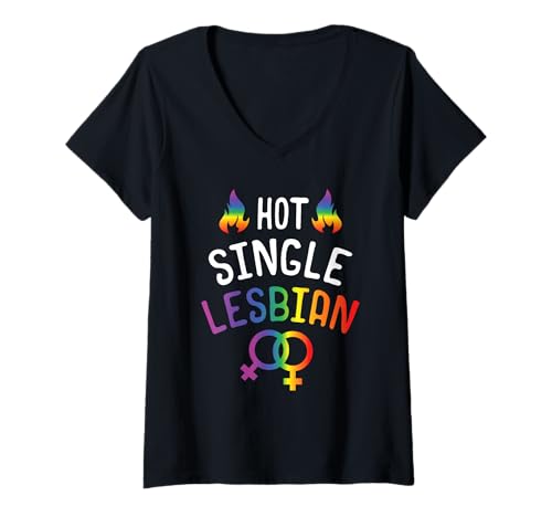 Damen Gay Lesbian Pride Shirt Hot Single Lesben Shirt für Singles T-Shirt mit V-Ausschnitt von LGBT Gay Pride Rainbow Flag T-Shirts